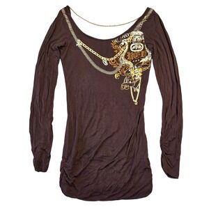 Vtg 90s Ecko Y2K Shirt Womens XS 2000s Bratz Preppy Brown Chain Detail Bling